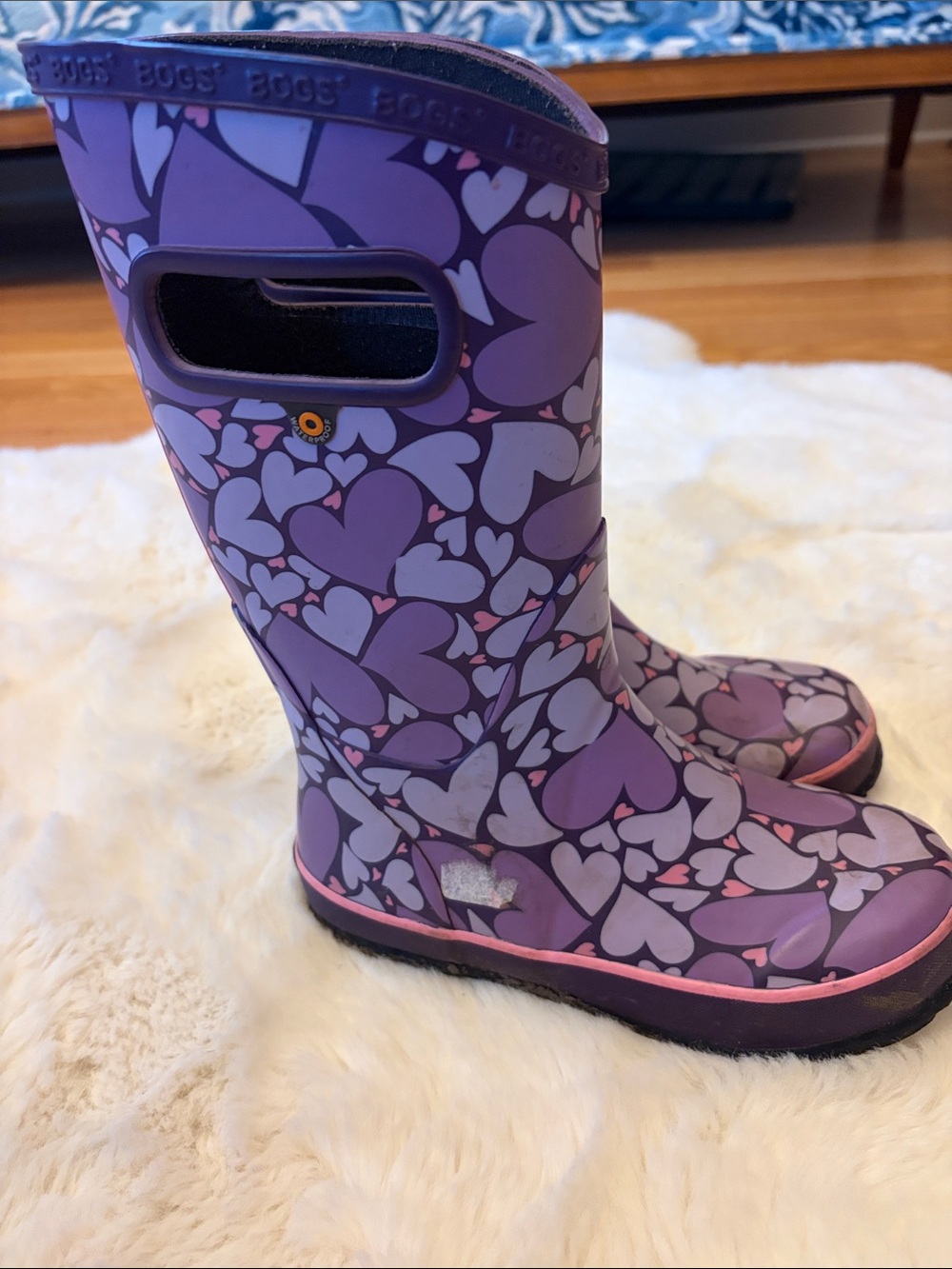Bogs Purple and Pink Heart Pattern Kids' Rain Boots